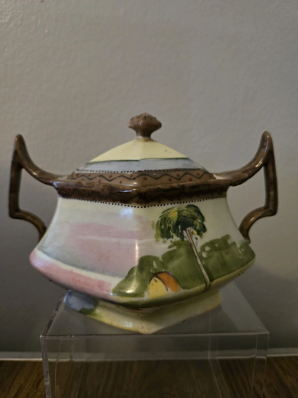 Antique Nippon Hand Painted Porcelain Cream and Sugar Set Art Deco Palm Tree Sun